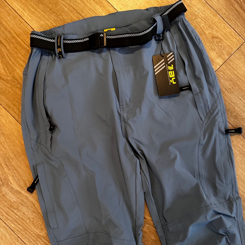 Outdoor Sports Mens Hiking Pants Blue Grey Stretch Cargo Belted Size M 32x30